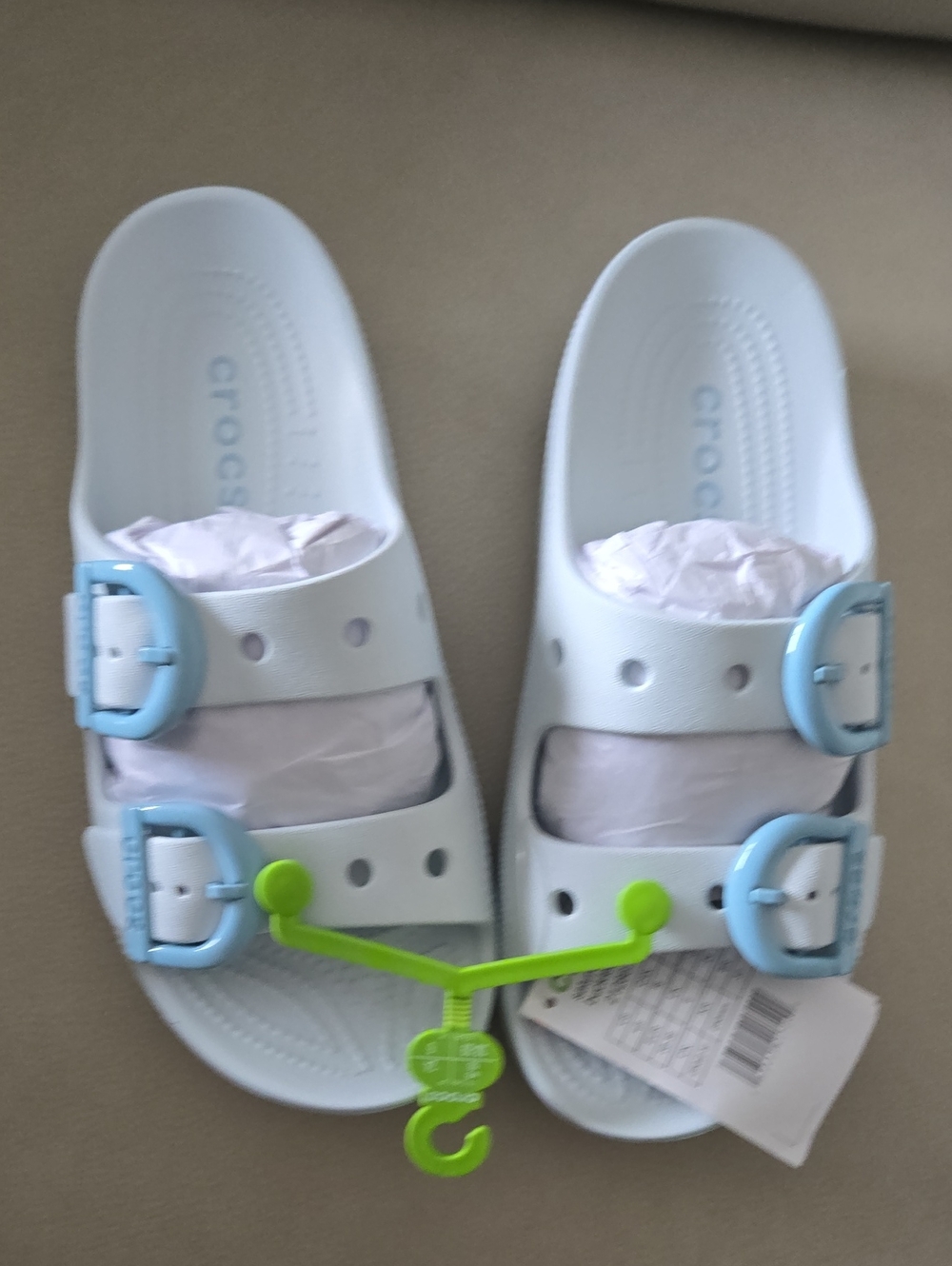 CROCS Woman Saturday Double Buckle Sandals in White with Light Blue Buckles